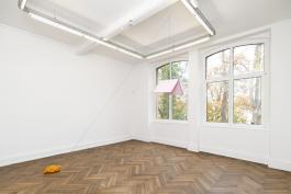 Edit Oderbolz, Pink Roof In A Field, 2018. Carton, peinture, corde, patates. Dimensions variables. Courtesy de l'artiste. Photo A. Mole.