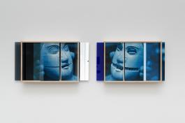 Elise Florenty & Marcel Türkowsky, «gabu, gabu» [mords, mords] - Masque de Terreur : intervalles, 2017. Fusuma Indigo n°4 et n°5. Impression HD sur aluminium, bois, plexiglas de couleur, miroirs, 36 x 6 x 25 cm. Courtesy des artistes. Photo A. Mole.