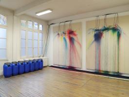 Machine 2, multiprises, programmateurs électriques digitaux, pompes à bassin,  bidons de 50 litres, tuyaux d’arrosage capillaires, tuyaux d’aquarium, buses d’arrosage, peinture acrylique diluée (cyan, magenta, jaune) tasseaux, bâche pour bassin,  toiles sur châssis 2,50m x 2,50m.