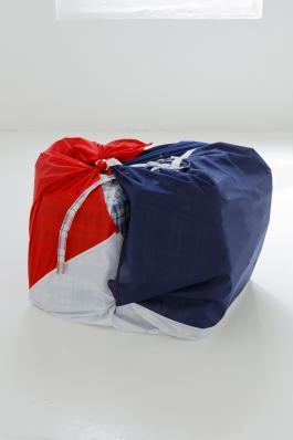 Jean-Luc Moulène, Héritage, 2018, livres et revues d’extrême-droite, pétainiste, révisionniste et antisémite, sacs plastiques, drapeau français (120 x 180 cm), 65 x 45 x 45 cm. Courtesy de l’artiste. Photo : OH Dancy
