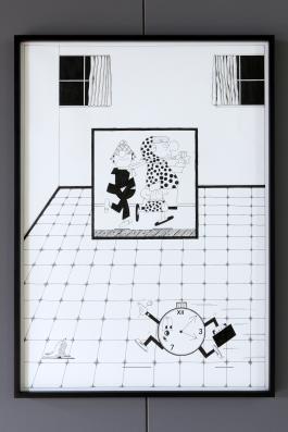 Alan Schmalz, Quelques catastrophes, Série de 7 dessins encadrés,vue de l’exposition « 52 semaines d’oisiveté », centre d’art Le Lait, 2019, photo Phœbé Meyer