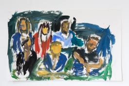 Damien Cabanes, Aubépine, Marouchka, Lucas, Anne, Perle et Nicolas sur fond bleu, Crédit photo Vincent Blesbois